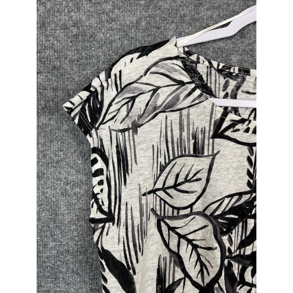 Tahari 100% Linen Top Large Black White Short Sleeve Leaf Print Coastal Beachy - Picture 3 of 8